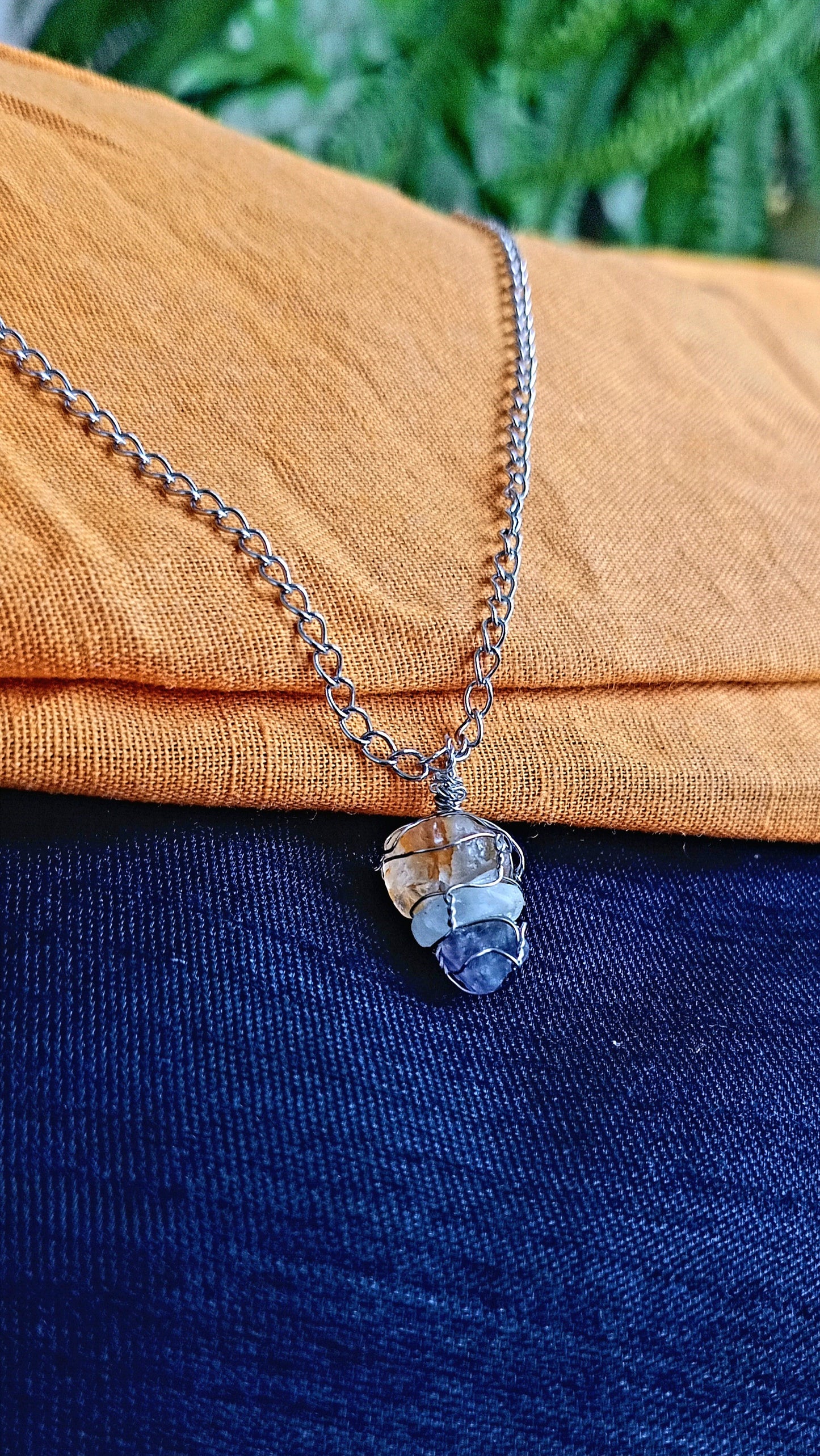 Natural Gemstone Pendant Necklace, Stainless Steel