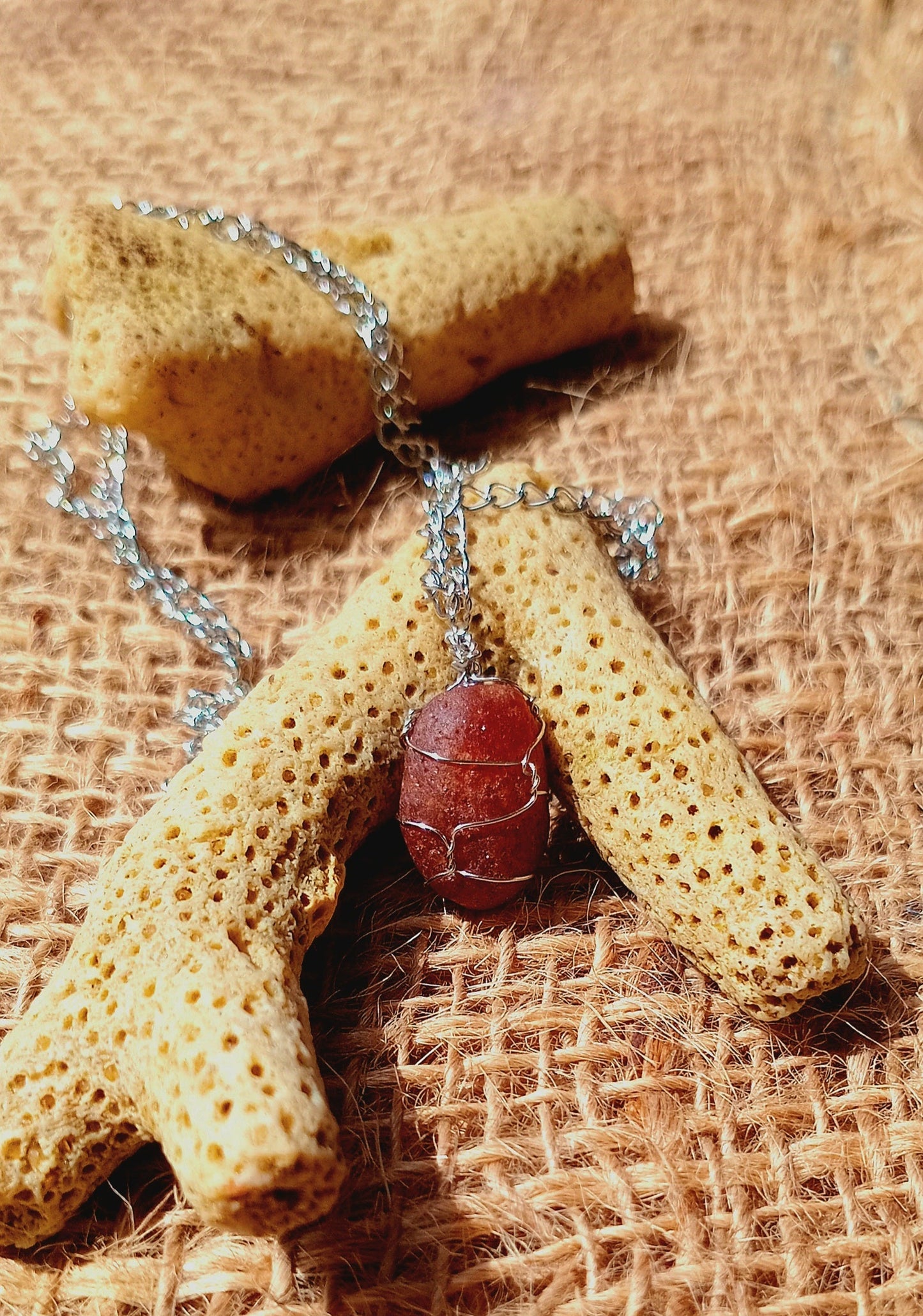 Garnet (Hessonite) Pendant Necklace with Stud Earrings, Stainless Steel