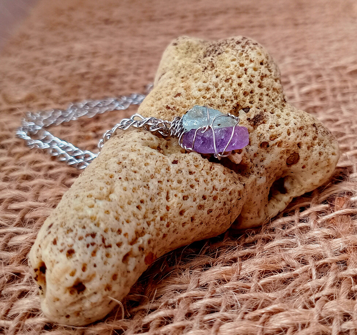 Amethyst + Aquamarine Mixed Pendant Necklaces, Stainless Steel