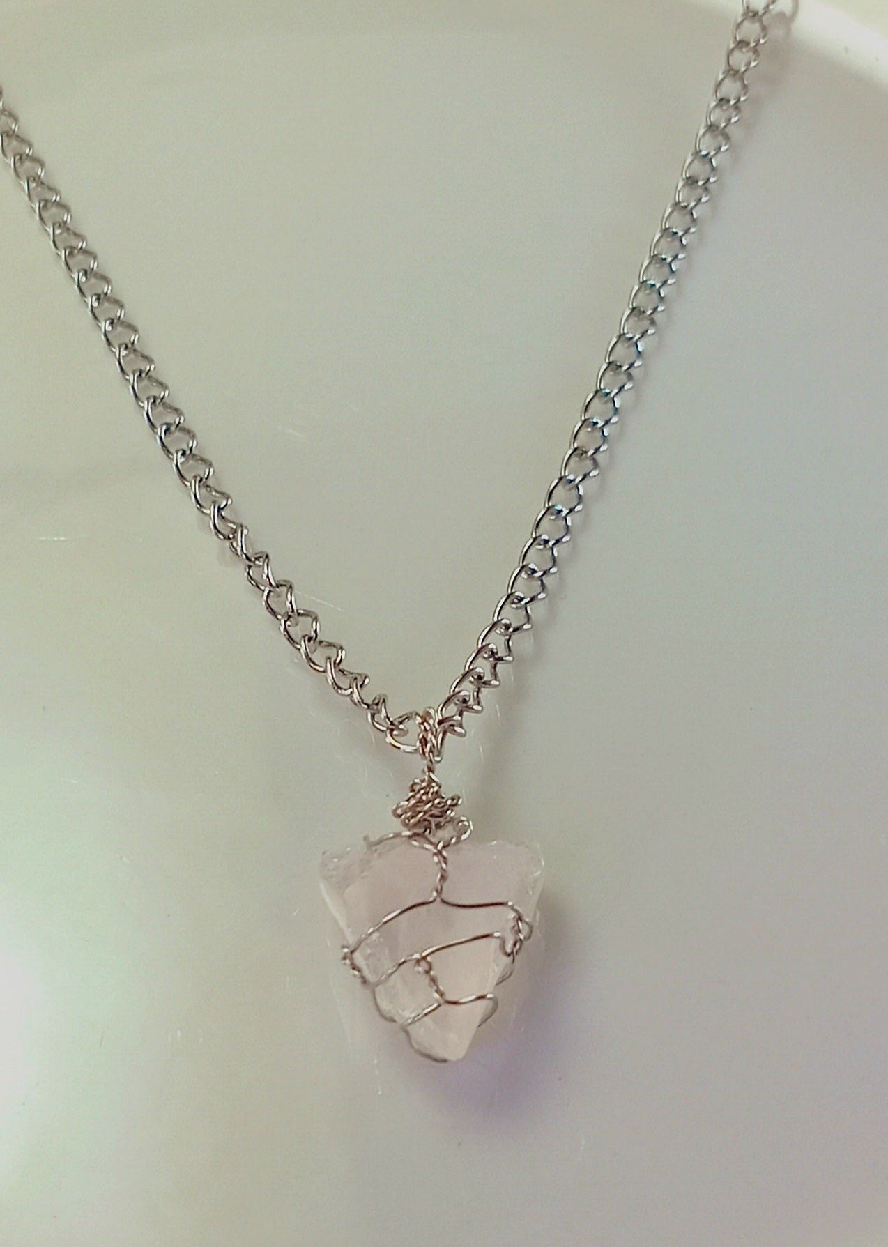 Rose Quartz Pendant Necklace, Stainless Steel