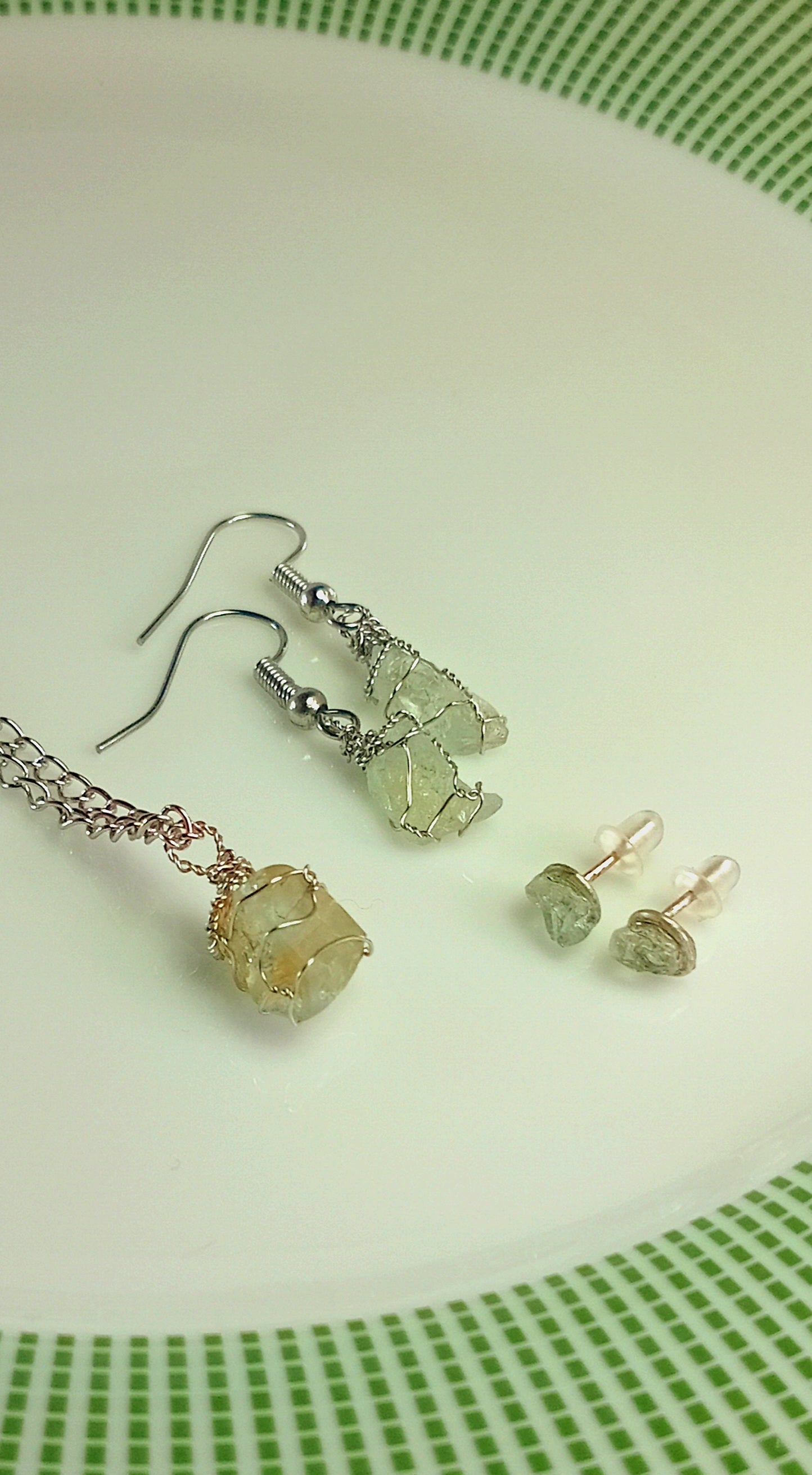 Aquamarine Jewelry Set – Pendant Necklace with Stud & Dangle Earrings, Stainless Steel