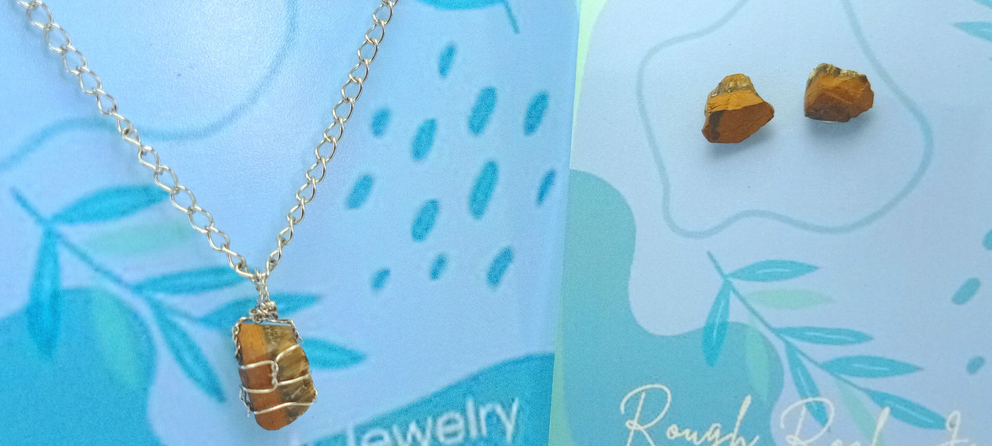 Tiger Eye Pendant Necklace with Stud Earrings, Stainless Steel