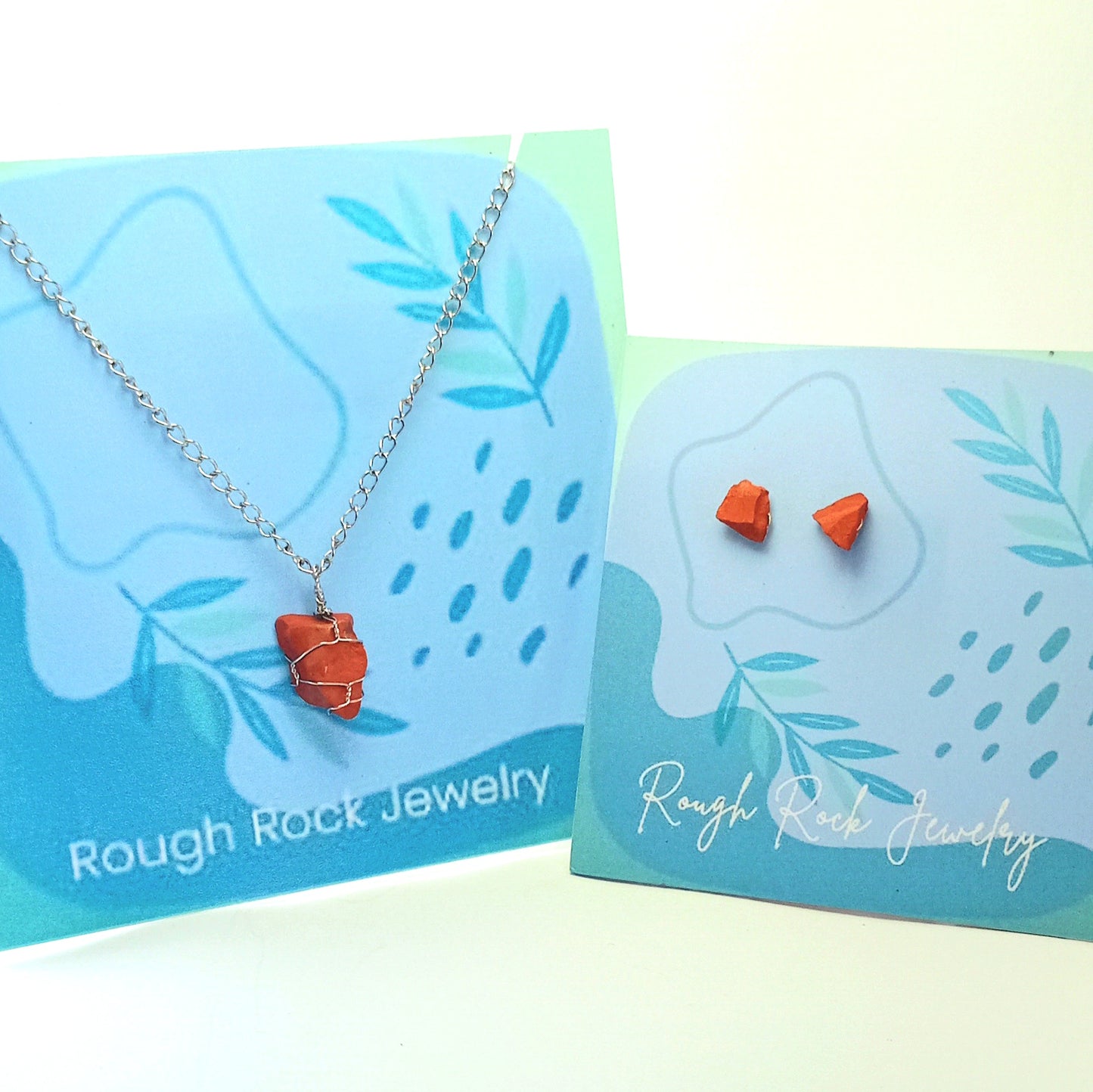 Red Jasper Pendant Necklace with Stud Earrings, Stainless Steel