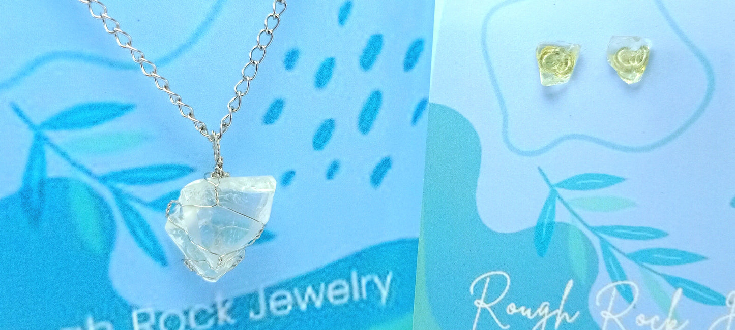 Clear Quartz Pendant Necklace with Stud Earrings, Stainless Steel