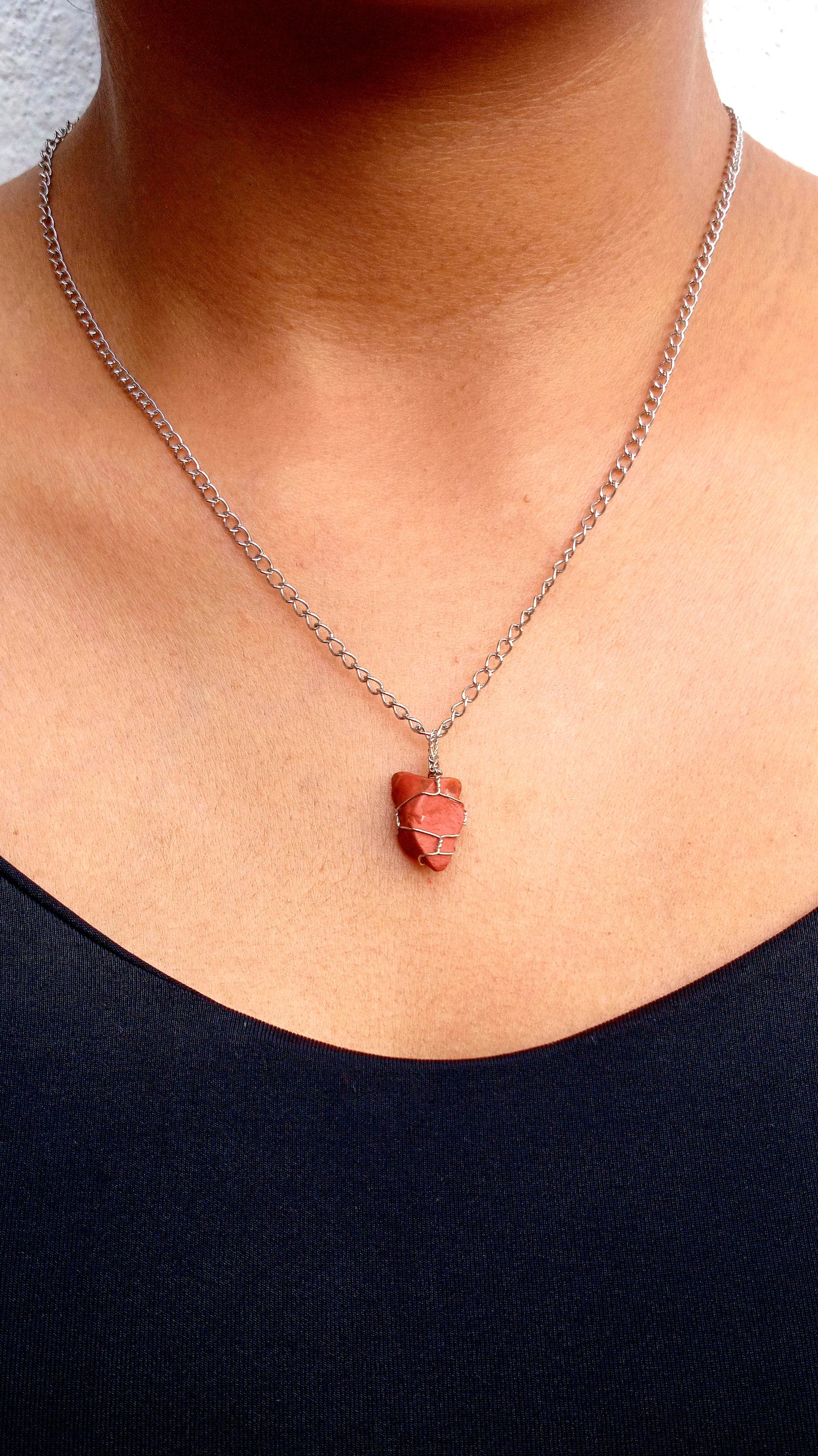 Red Jasper Pendant Necklace with Stud Earrings, Stainless Steel