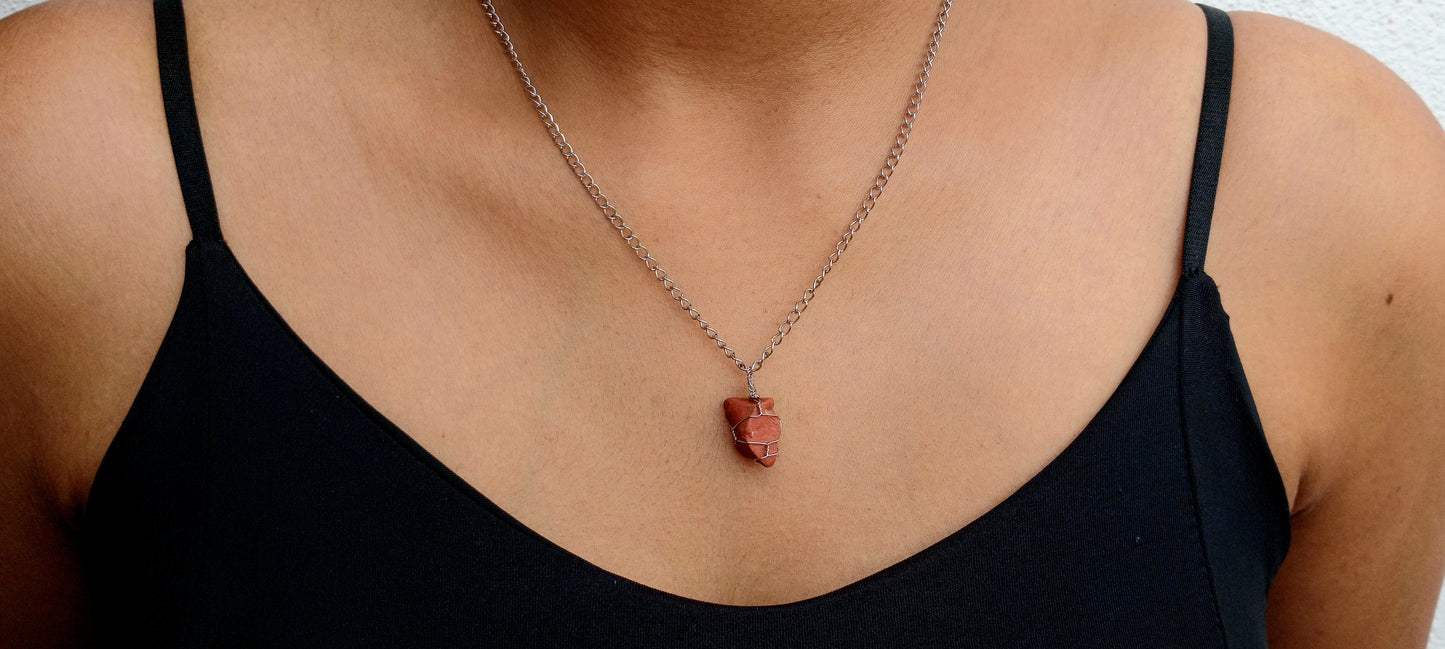 Red Jasper Pendant Necklace with Stud Earrings, Stainless Steel