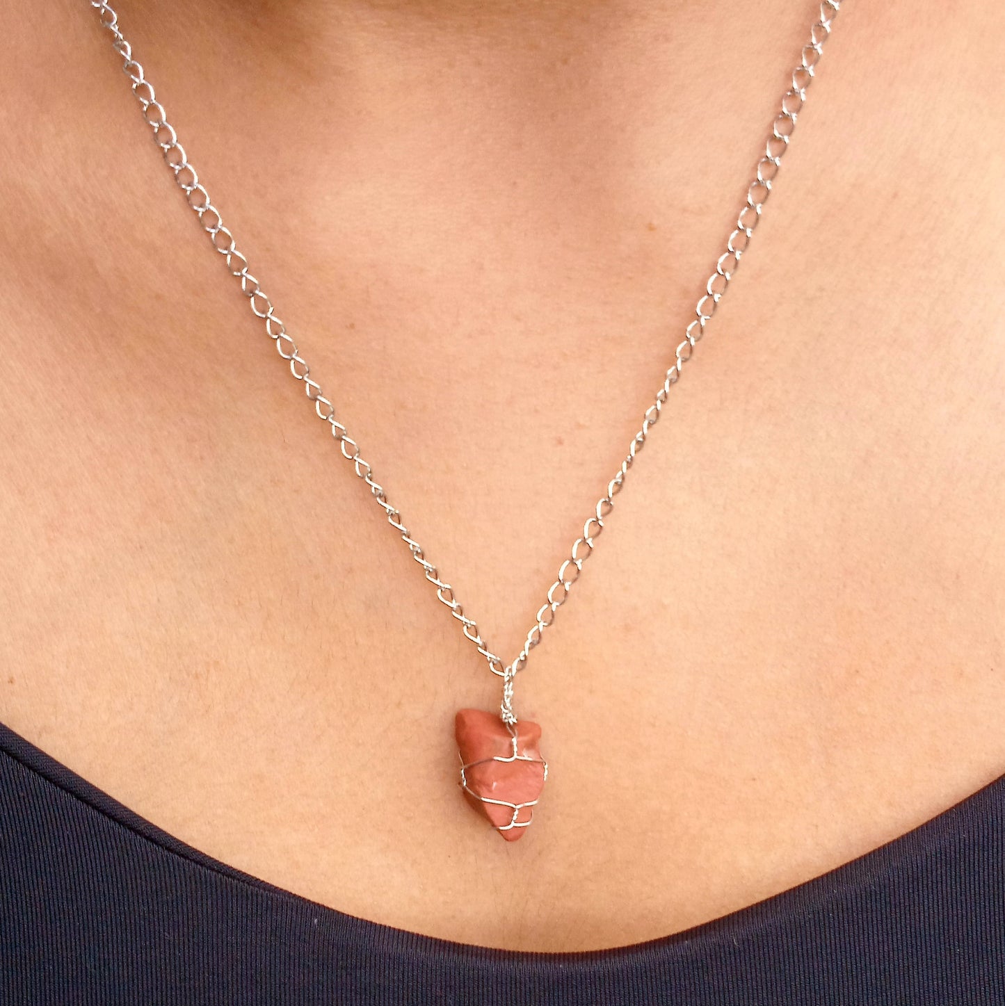 Red Jasper Pendant Necklace with Stud Earrings, Stainless Steel