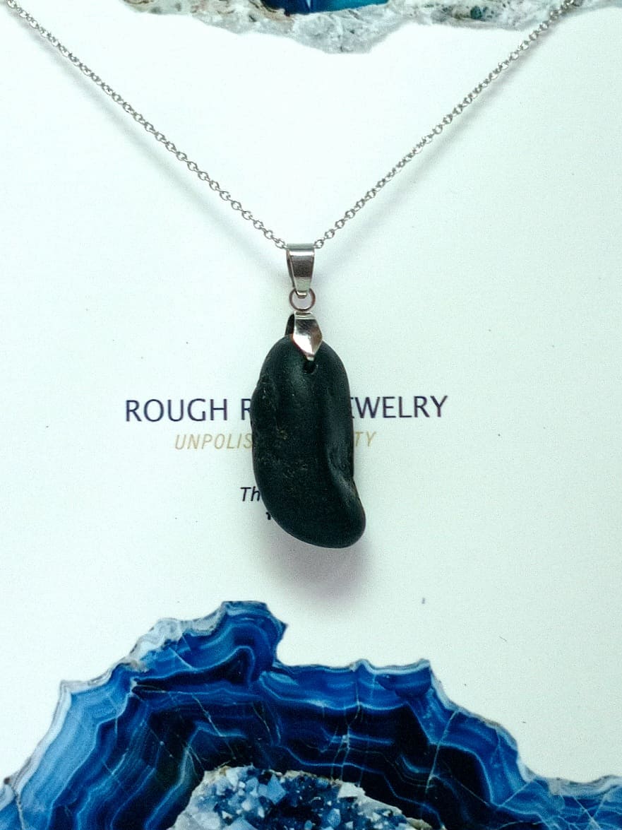 Natural Black Stone Pendant - Minimal Earth Collection, Stainless Steel