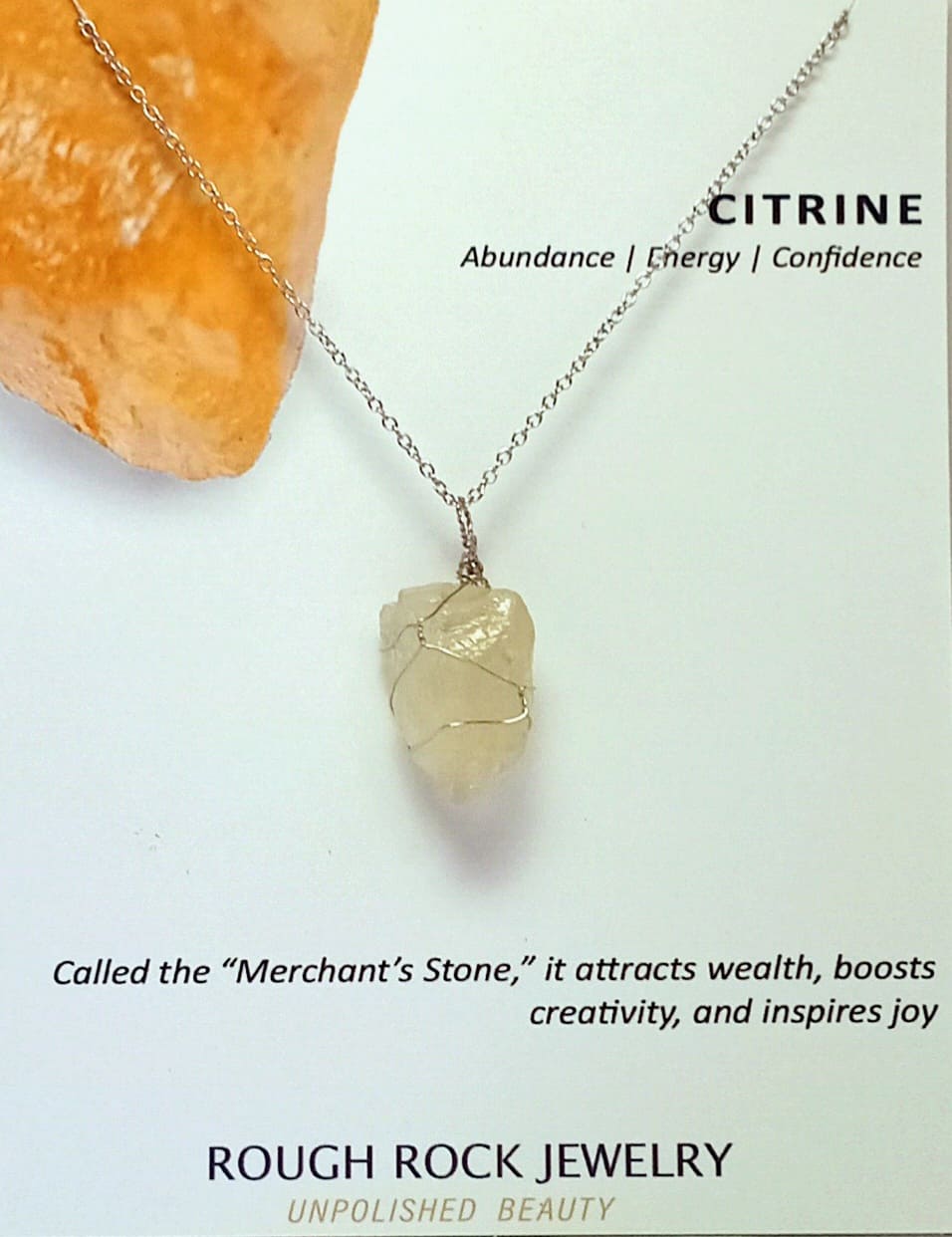 Citrine Pendant Necklace, Stainless Steel