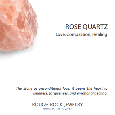 Rose quartz crystal with descriptive text on a white background