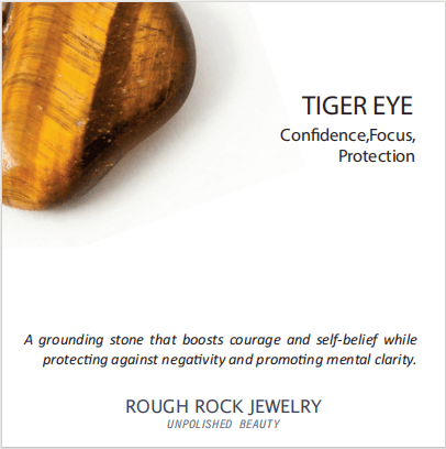 Tiger eye stone on a white background with text about its properties and Rough Rock Jewelry branding.