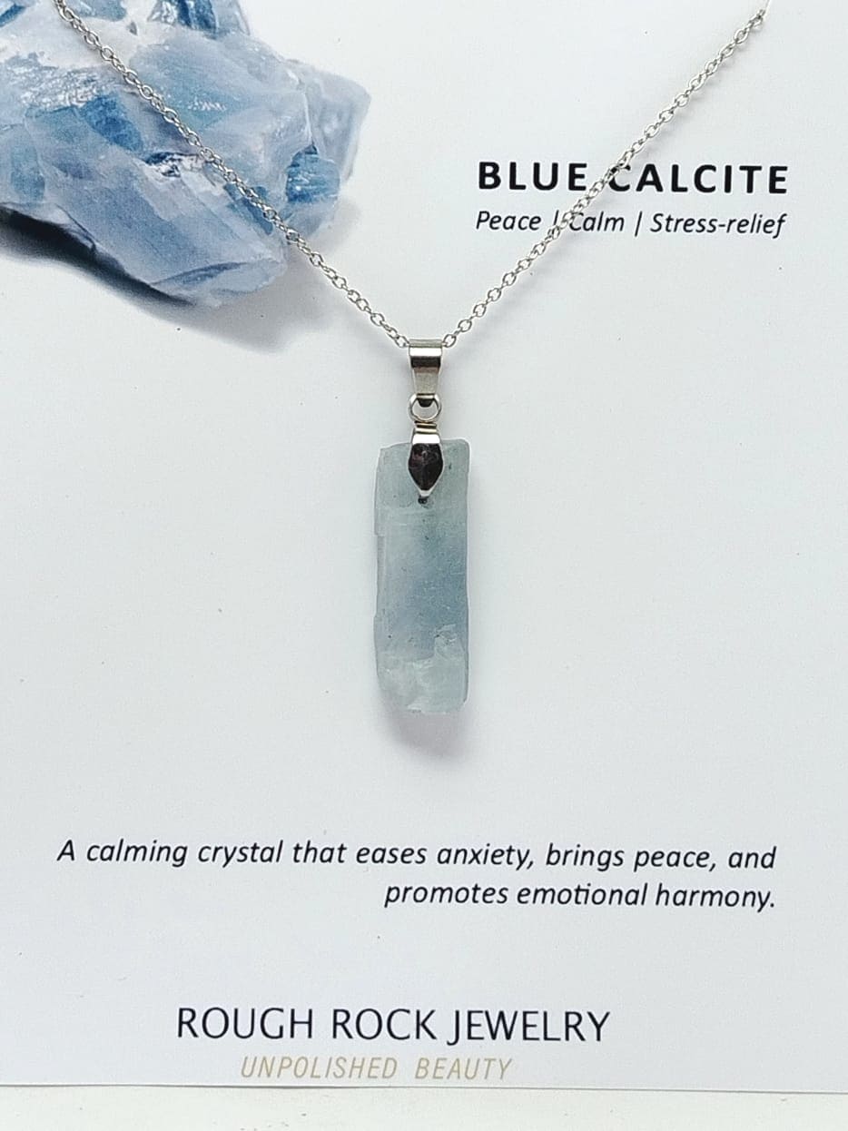 Blue Calcite Pendant Necklace, Stainless Steel