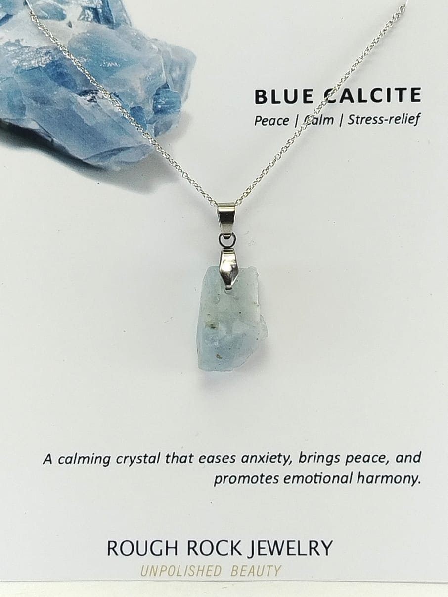 Blue Calcite Pendant Necklace, Stainless Steel