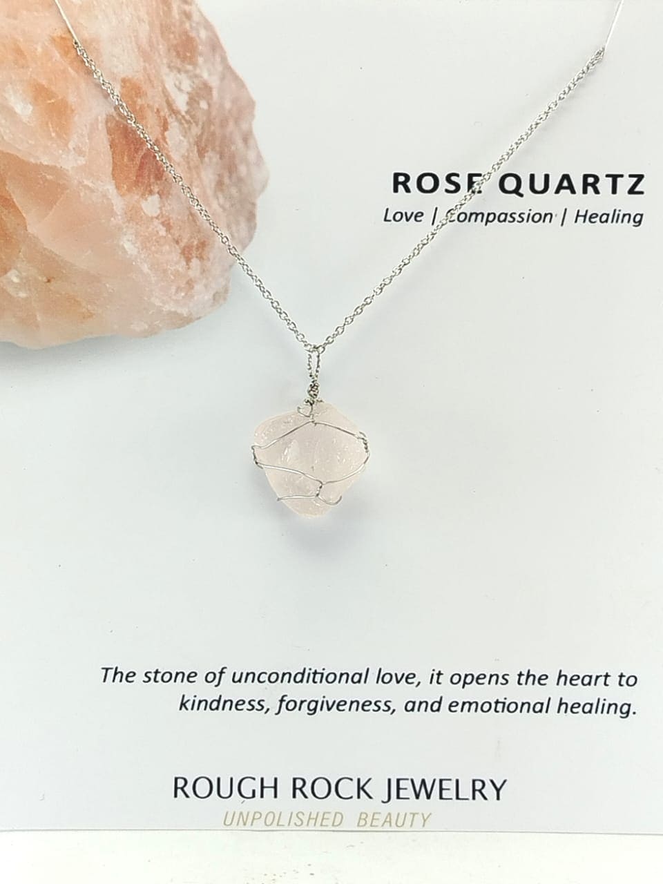 Rose Quartz Pendant Necklace, Stainless Steel