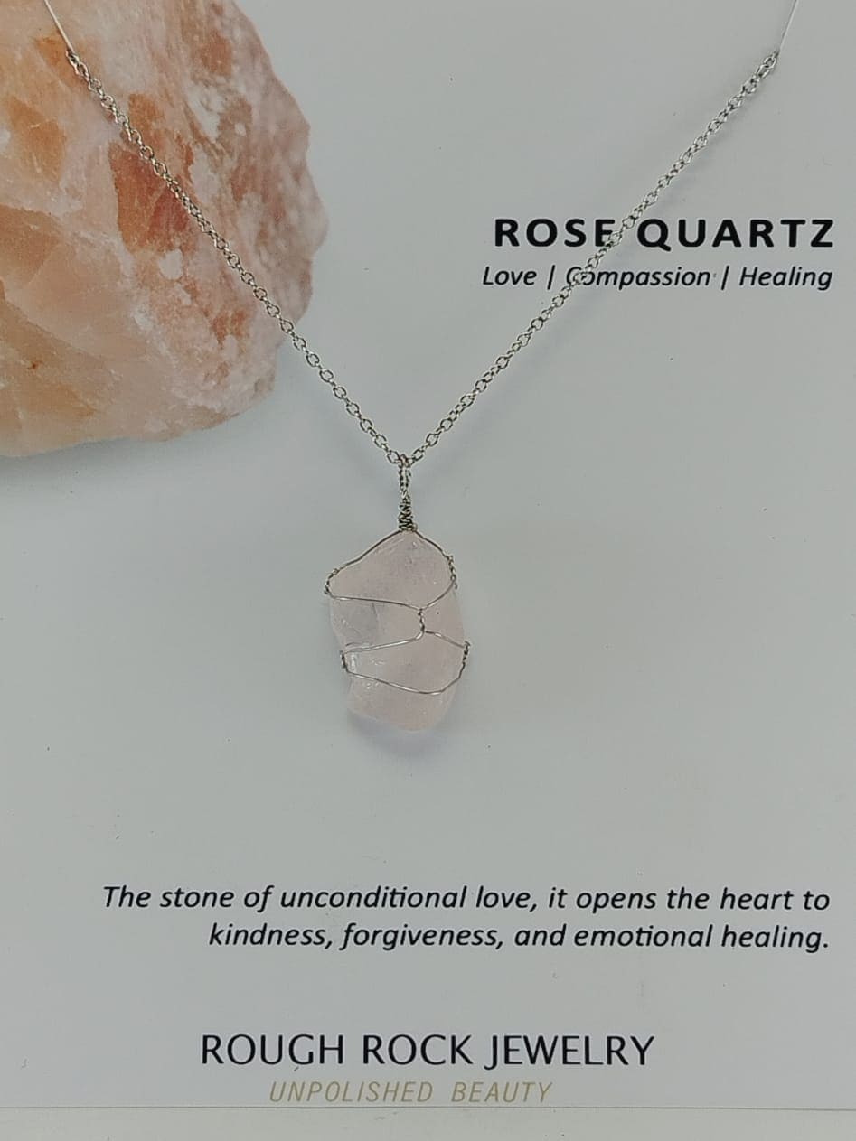 Rose Quartz Pendant Necklace, Stainless Steel