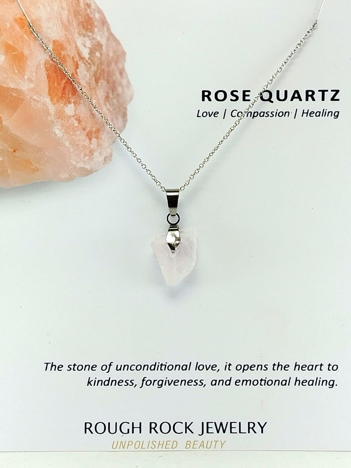 Rose Quartz Pendant Necklace, Stainless Steel