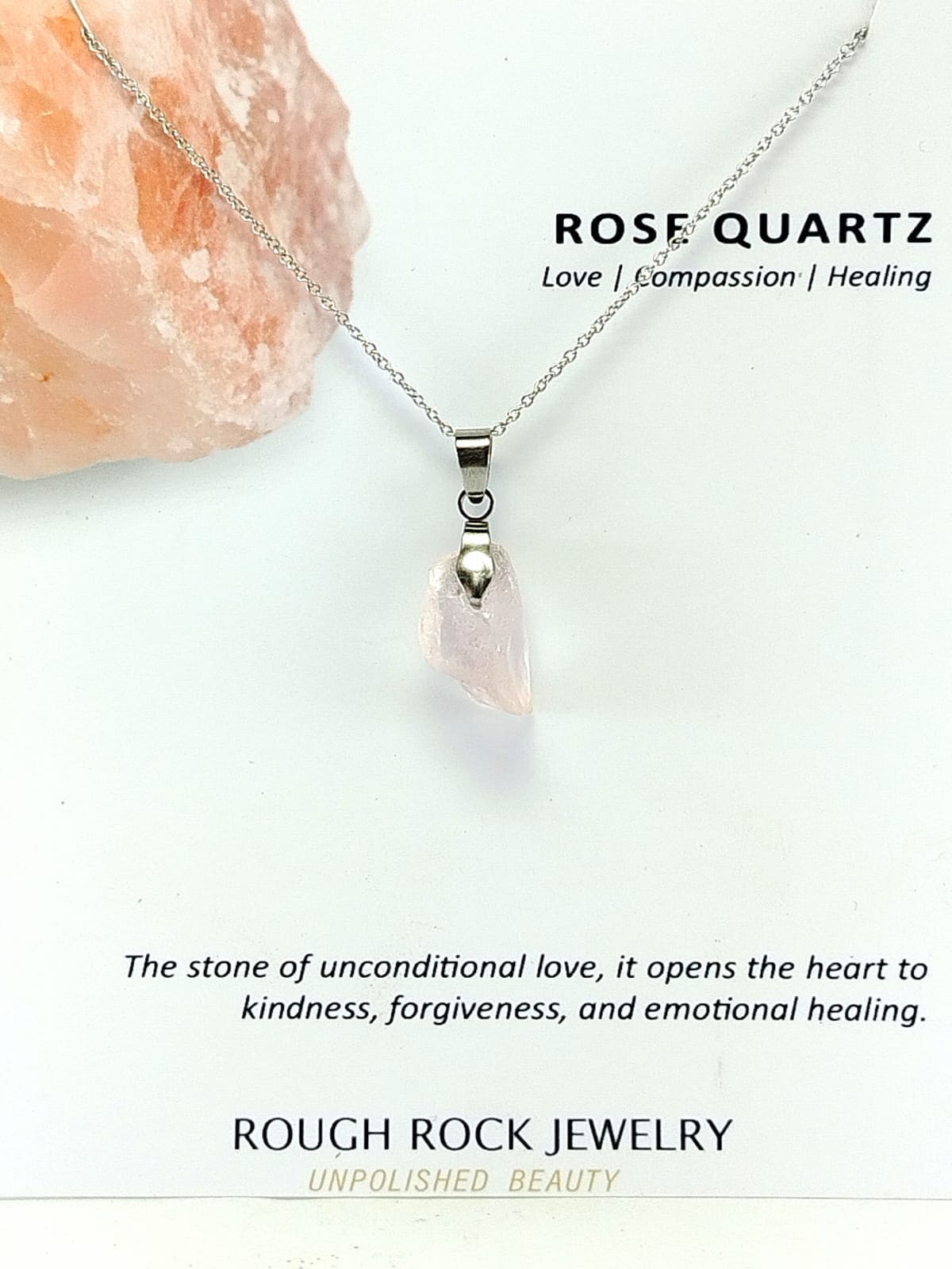Rose Quartz Pendant Necklace, Stainless Steel