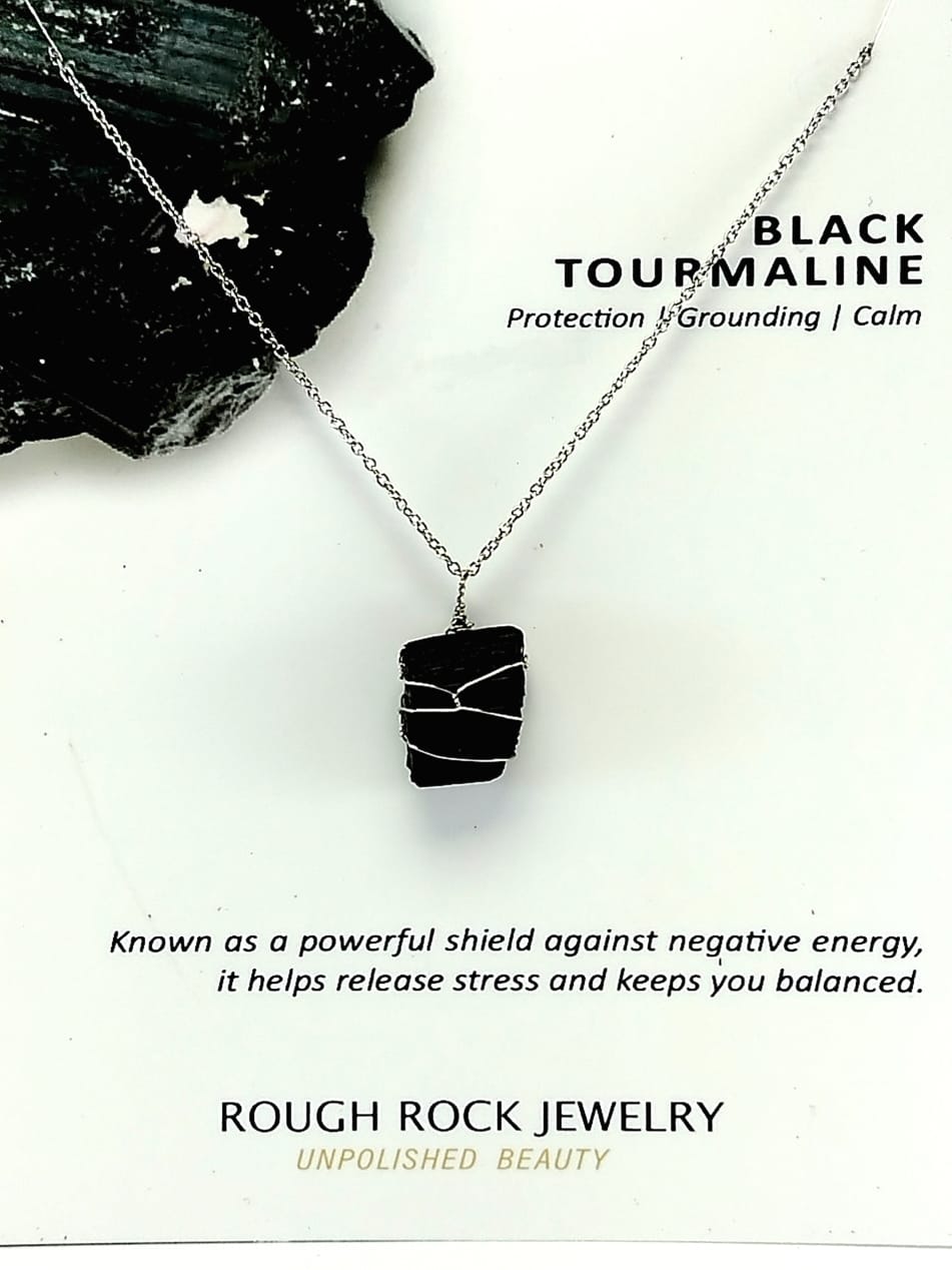 Black Tourmaline Pendant Necklaces, Stainless Steel