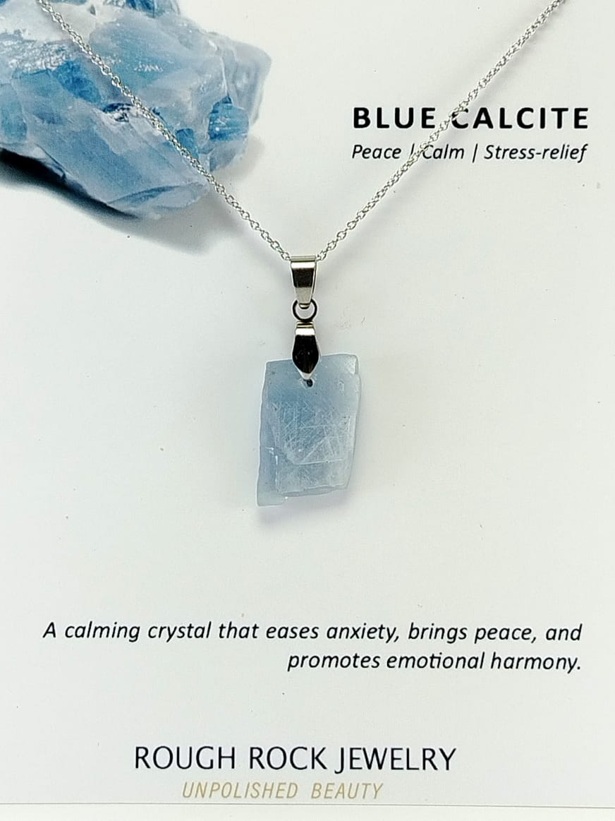 Blue Calcite Pendant Necklace, Stainless Steel