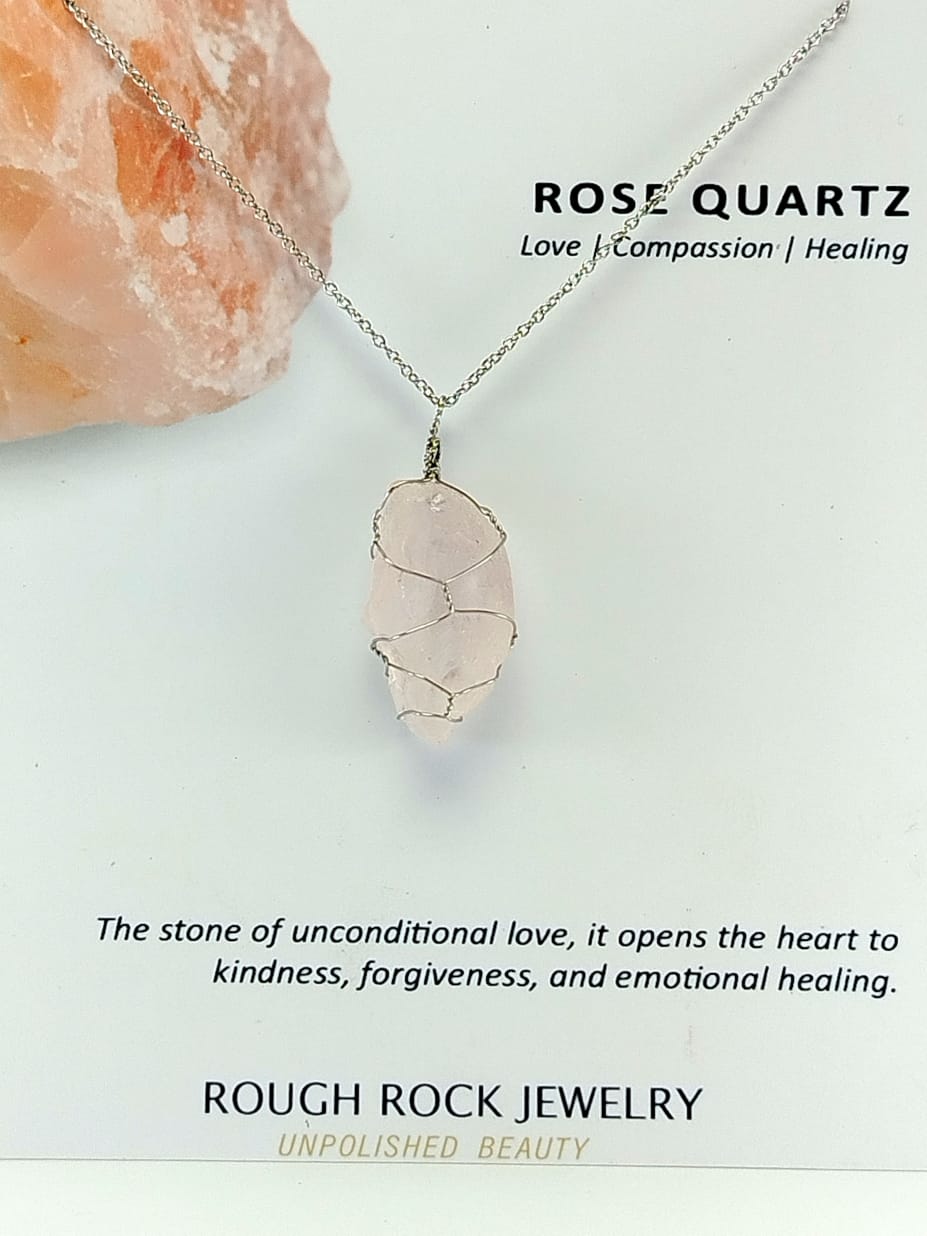 Rose Quartz Pendant Necklace, Stainless Steel