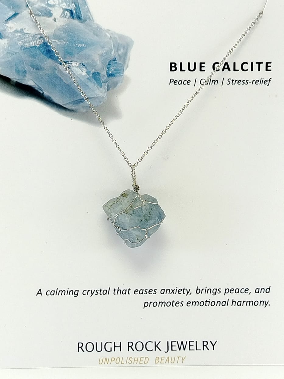Blue Calcite Pendant Necklace, Stainless Steel