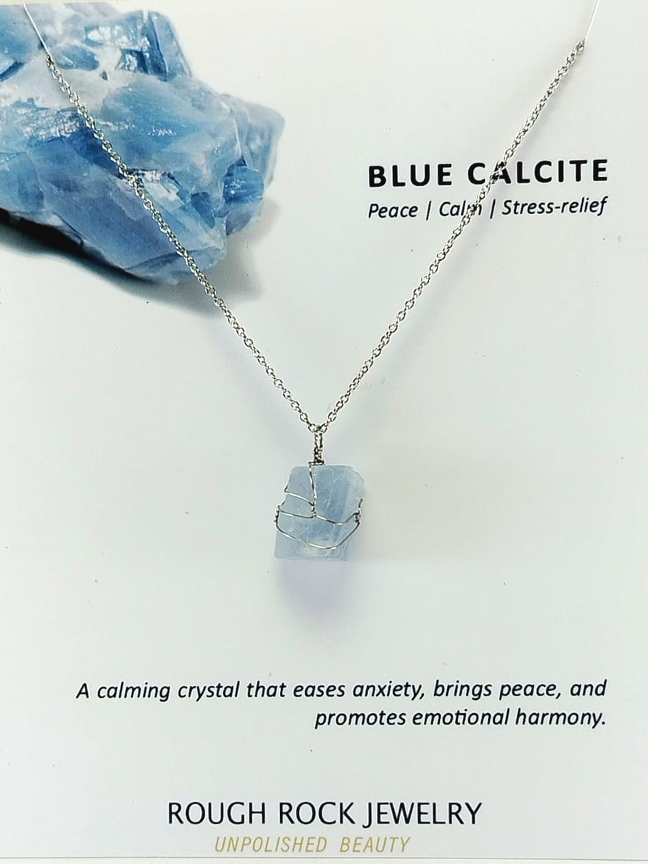 Blue Calcite Pendant Necklace, Stainless Steel