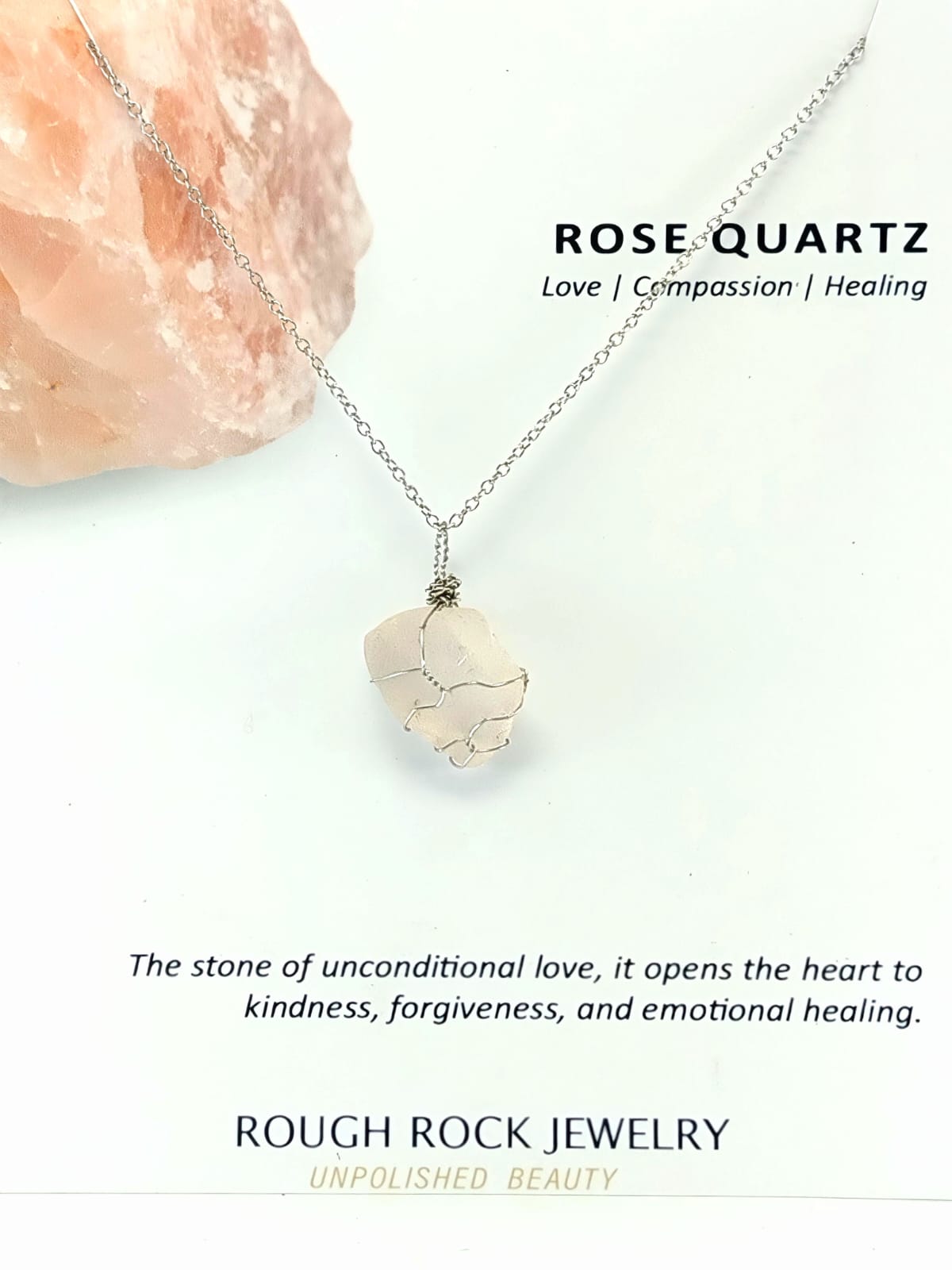 Rose Quartz Pendant Necklace, Stainless Steel