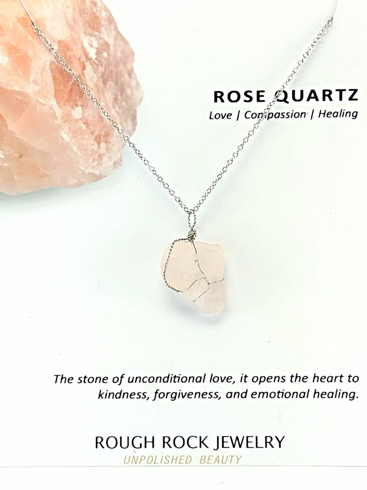 Rose Quartz Pendant Necklace, Stainless Steel