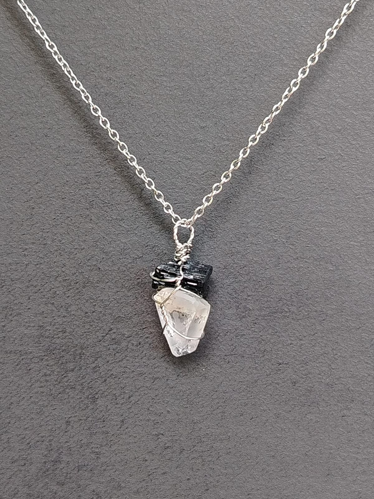 Black Tourmaline + Rose Quartz Mixed Pendant Necklaces, Stainless Steel