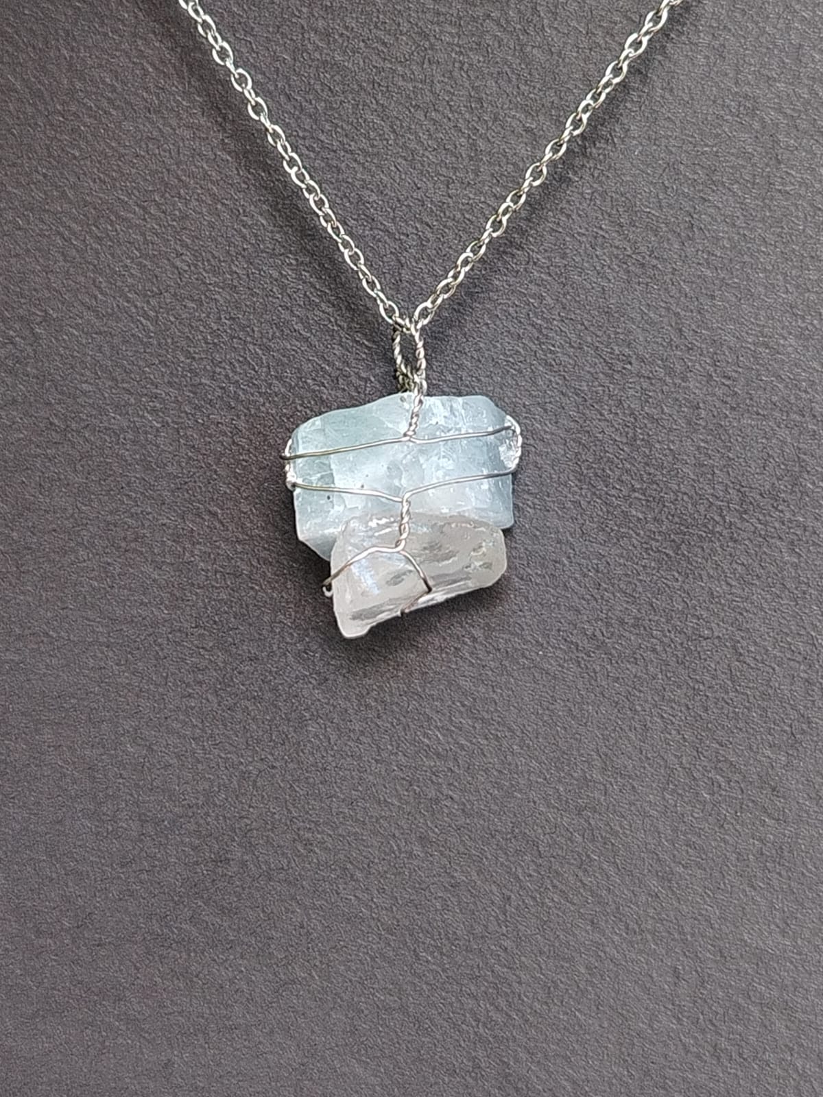 Blue Calcite + Clear Quartz Mixed Pendant Necklaces, Stainless Steel
