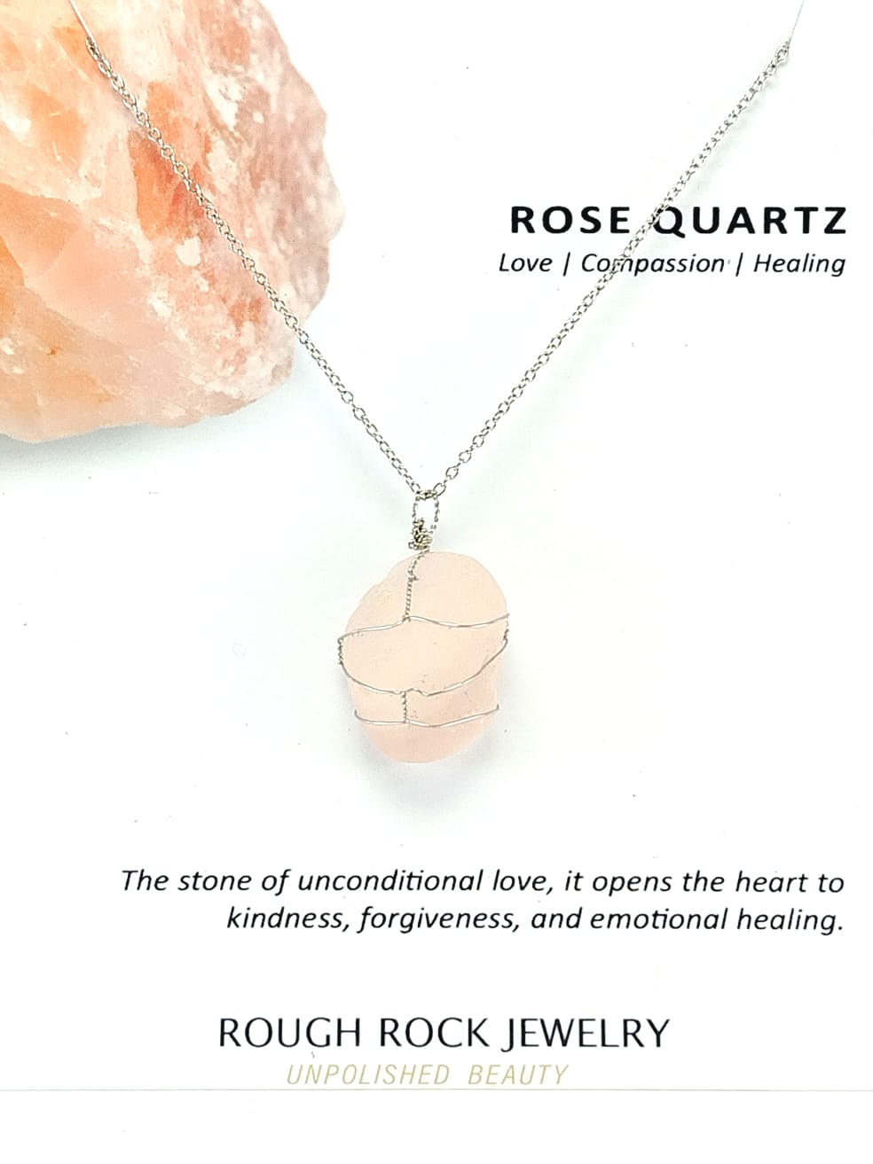 Rose Quartz Pendant Necklace, Stainless Steel