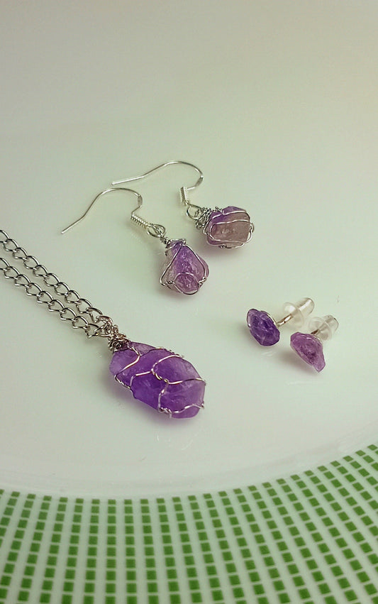 Amethyst Jewelry Set – Pendant Necklace with Stud & Dangle Earrings
