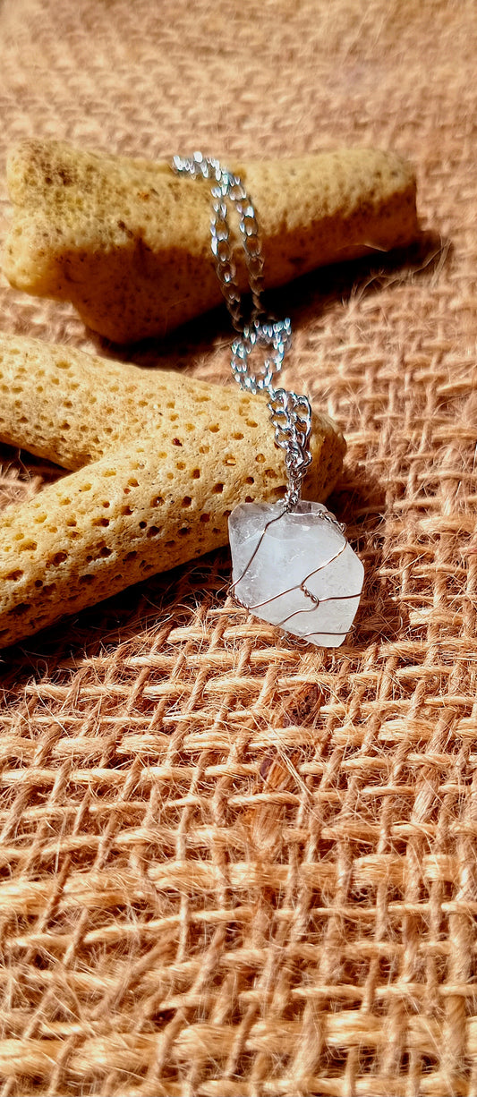 Clear Quartz Pendant Necklace, Stainless Steel