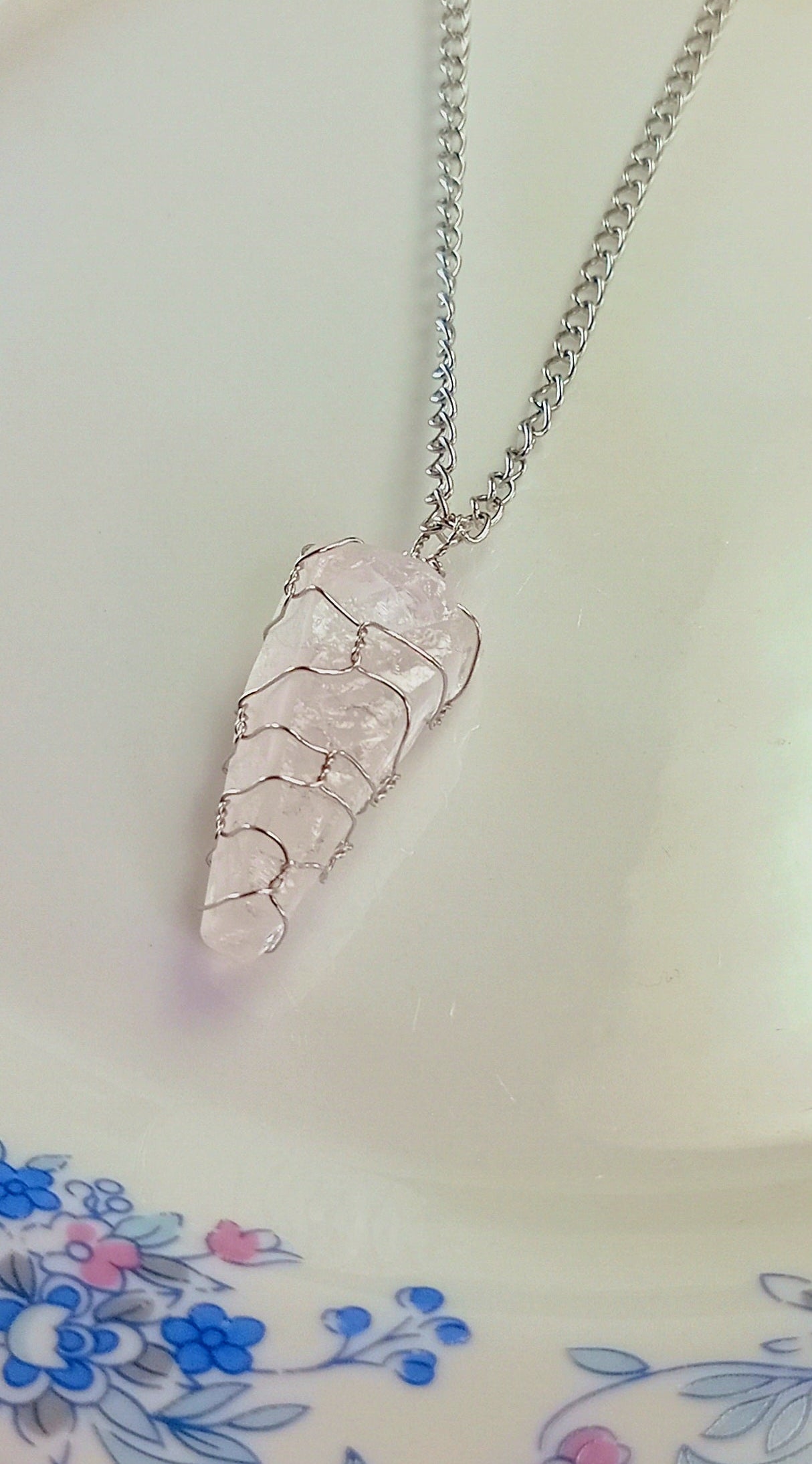 Rose Quartz Pendant Necklace, Stainless Steel