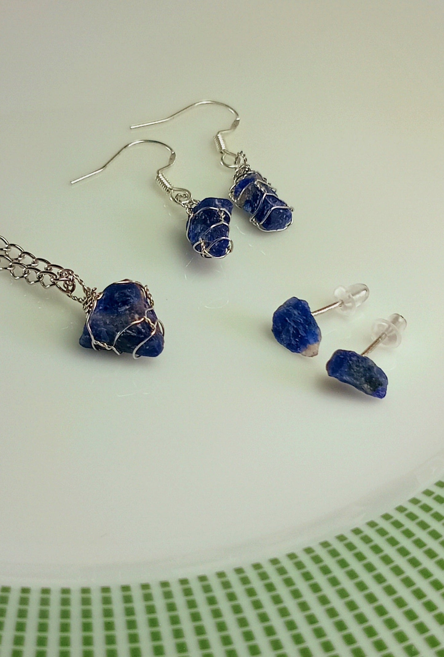 Sodalite Jewelry Set – Pendant Necklace with Stud & Dangle Earrings, Stainless Steel