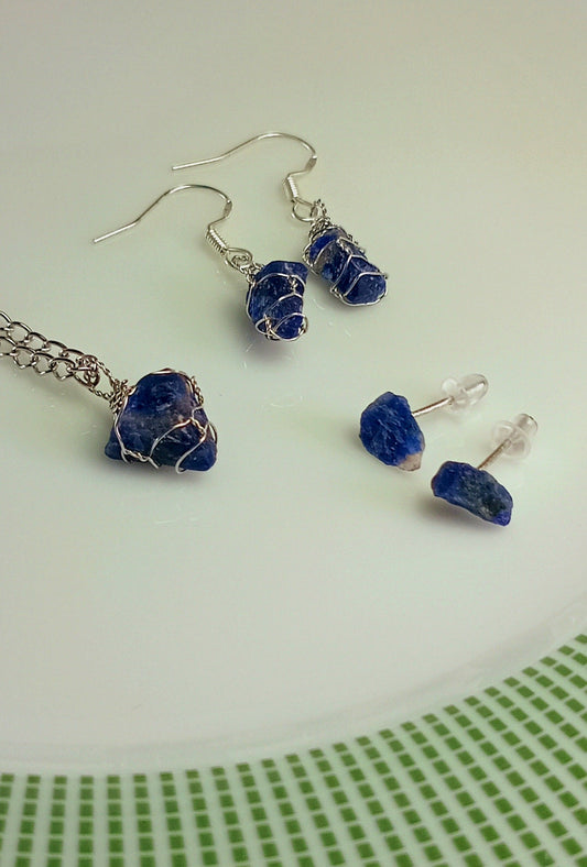 Sodalite Jewelry Set – Pendant Necklace with Stud & Dangle Earrings, Stainless Steel