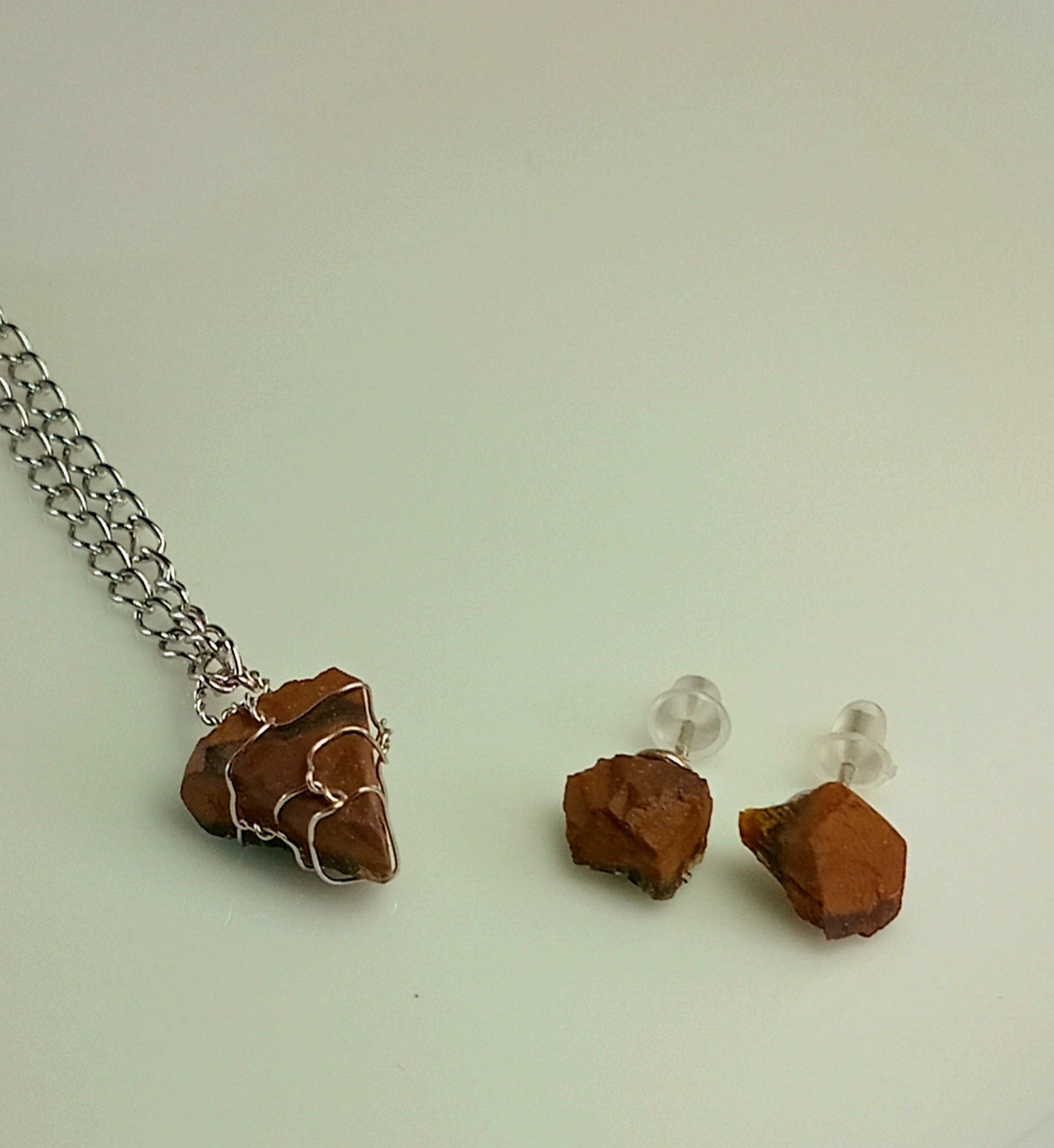 Tiger Eye Pendant Necklace with Stud Earrings, Stainless Steel