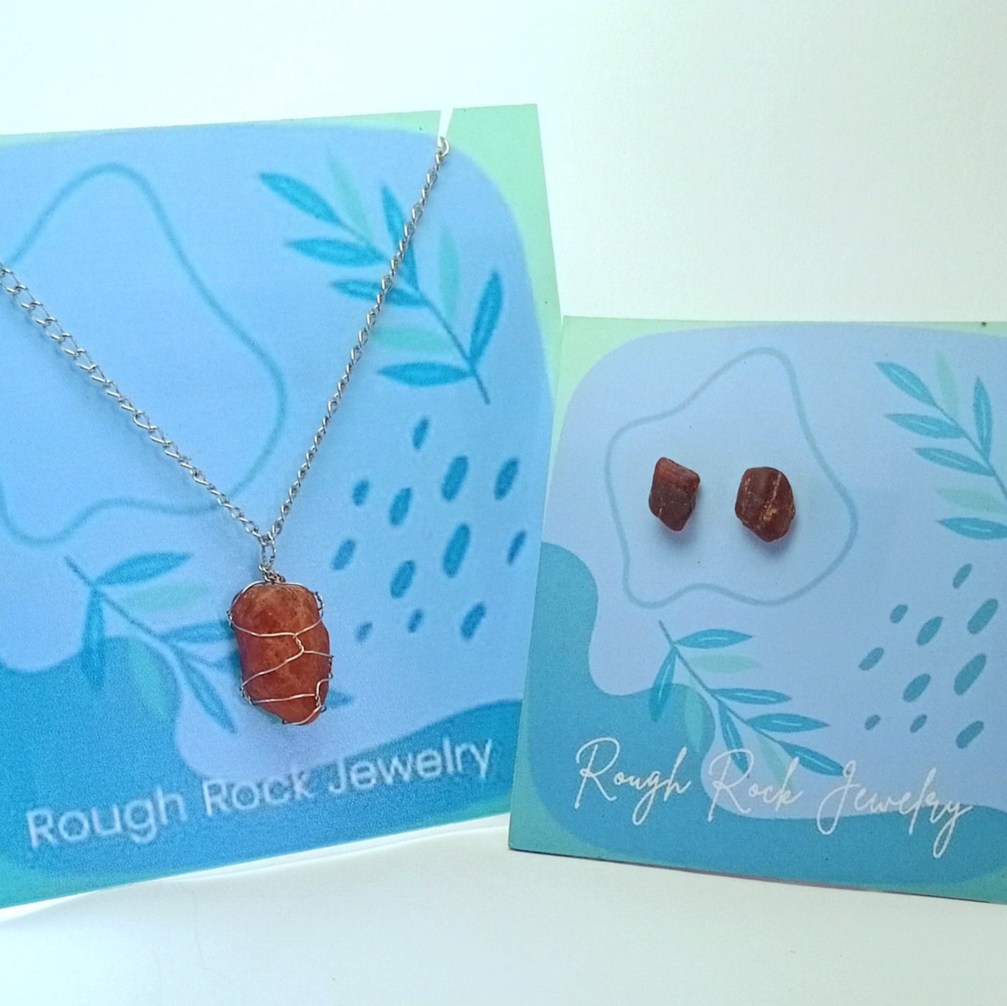 Garnet (Hessonite) Pendant Necklace with Stud Earrings, Stainless Steel