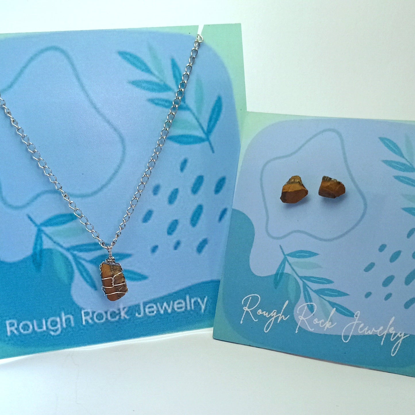 Tiger Eye Pendant Necklace with Stud Earrings, Stainless Steel
