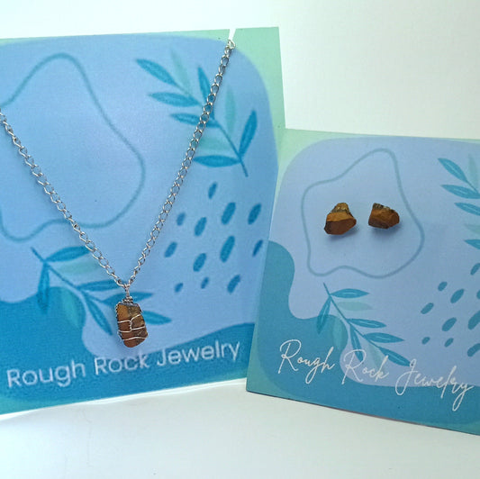 Tiger Eye Pendant Necklace with Stud Earrings, Stainless Steel