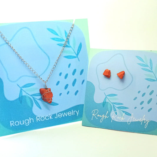 Red Jasper Pendant Necklace with Stud Earrings, Stainless Steel