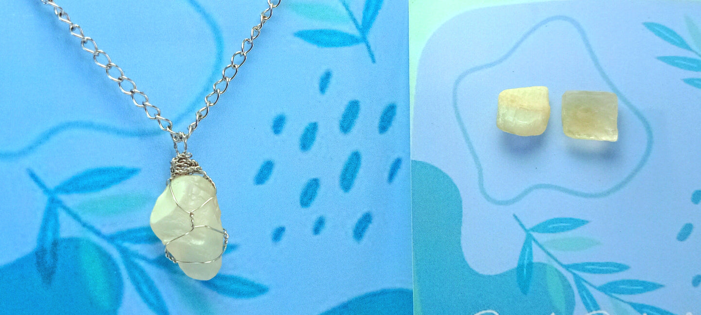 Moonstone Pendant Necklace with Stud Earrings, Stainless Steel