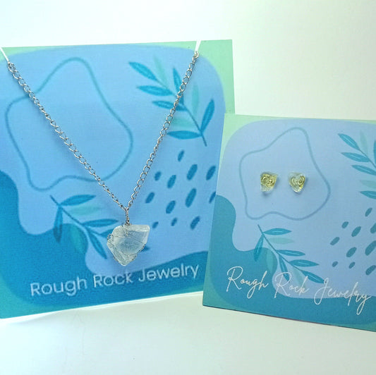 Clear Quartz Pendant Necklace with Stud Earrings, Stainless Steel