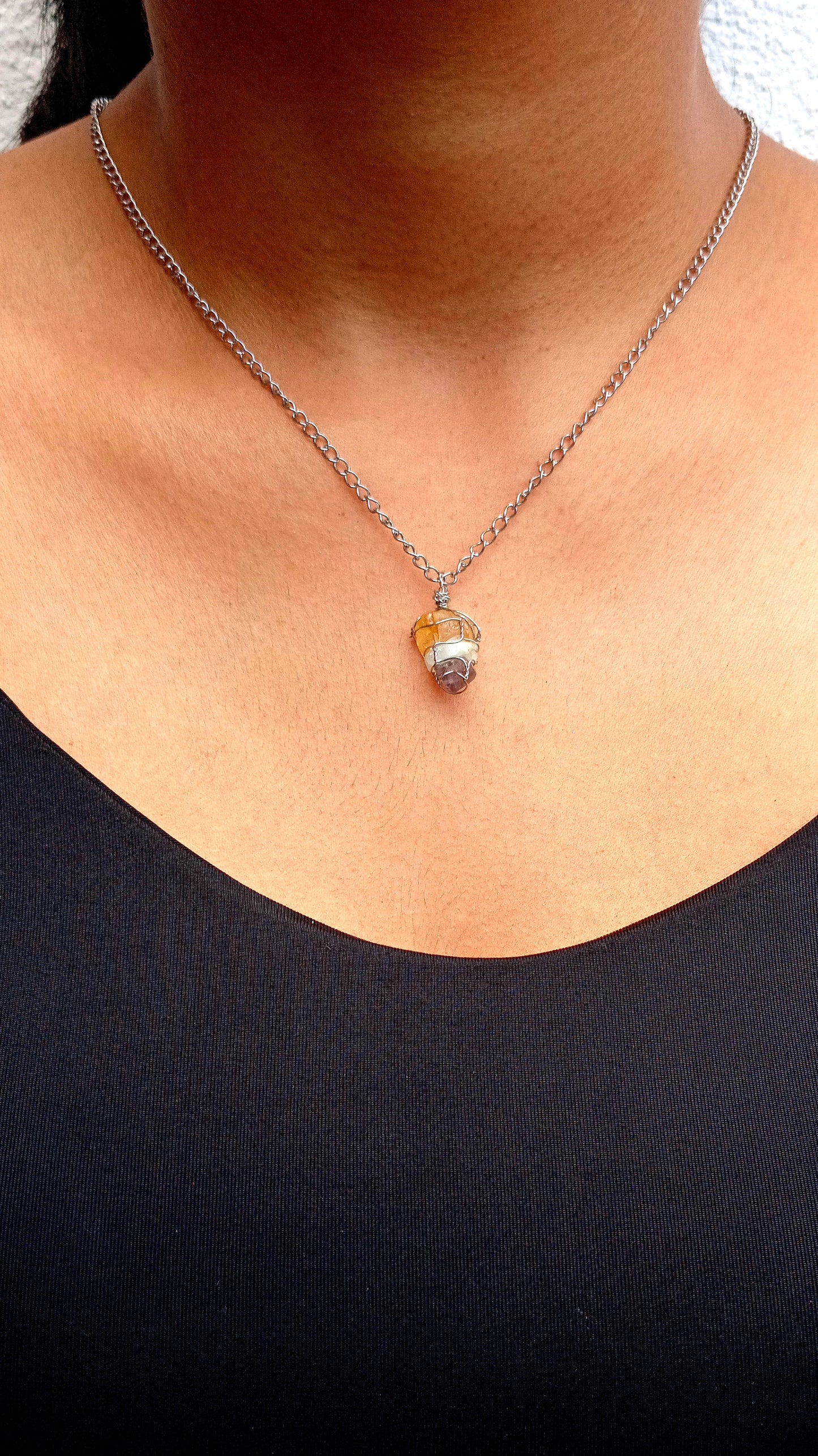 Natural Gemstone Pendant Necklace, Stainless Steel