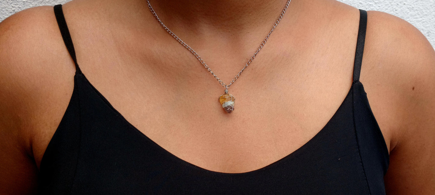 Natural Gemstone Pendant Necklace, Stainless Steel