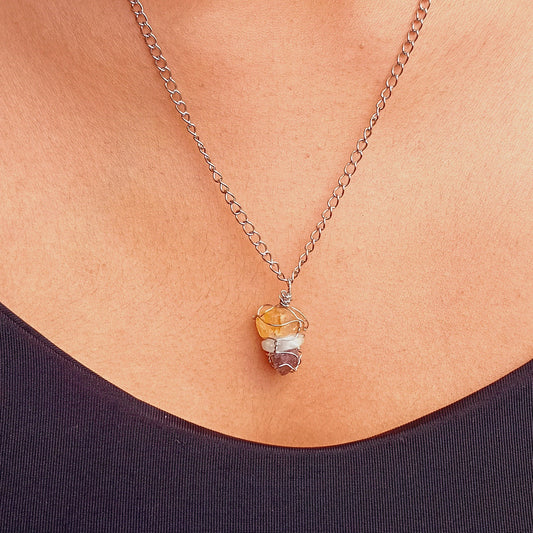 Natural Gemstone Pendant Necklace, Stainless Steel