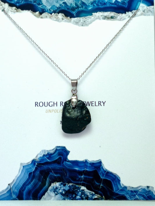Natural Black Stone Pendant - Minimal Earth Collection, Stainless Steel