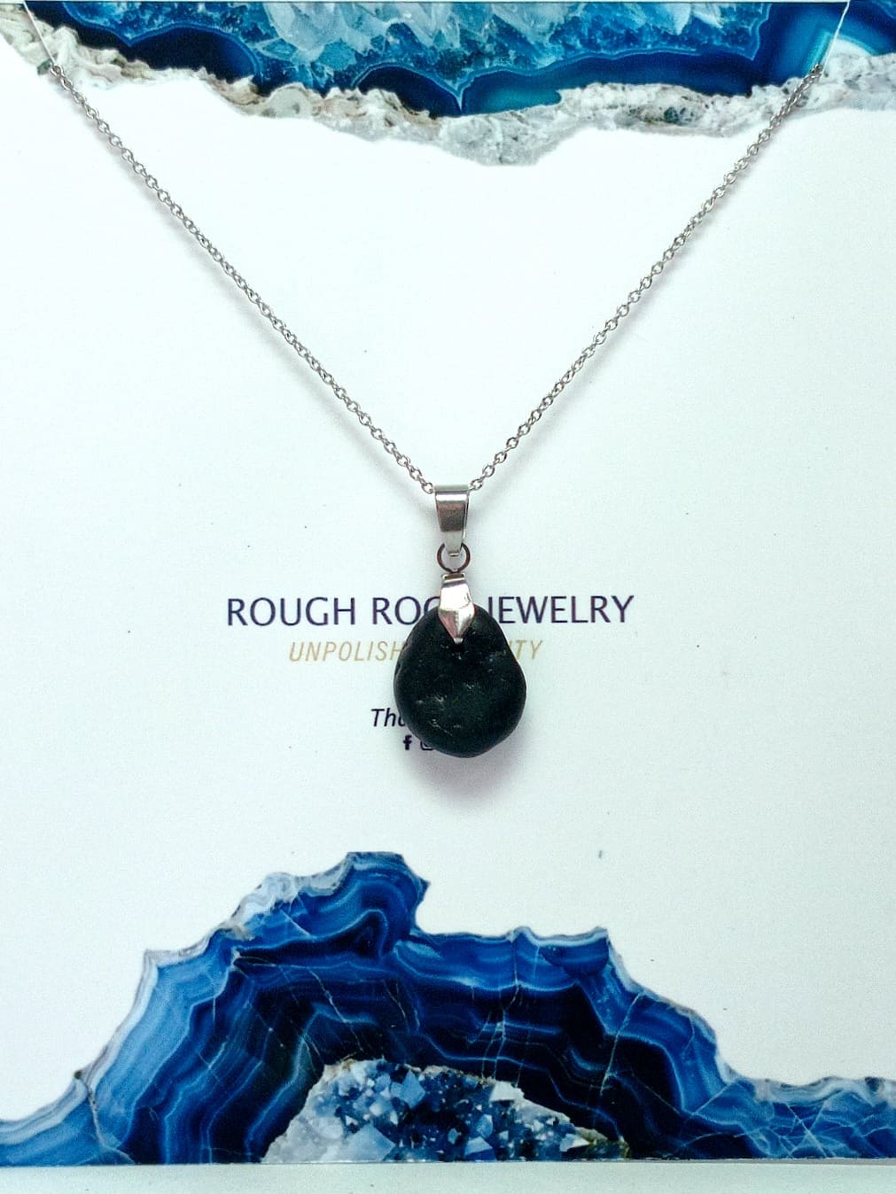 Natural Black Stone Pendant - Minimal Earth Collection, Stainless Steel