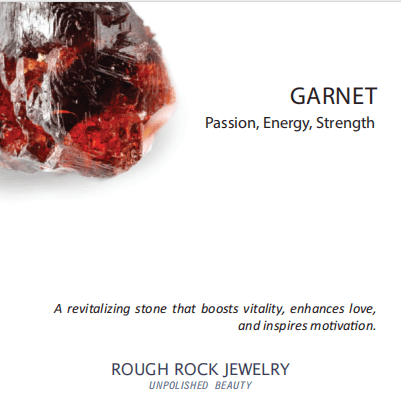 Garnet stone with descriptive text on a white background