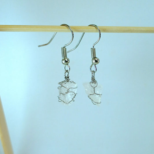 Pair of stainless steel Rose quartz earrings with clear gemstones on a light blue background